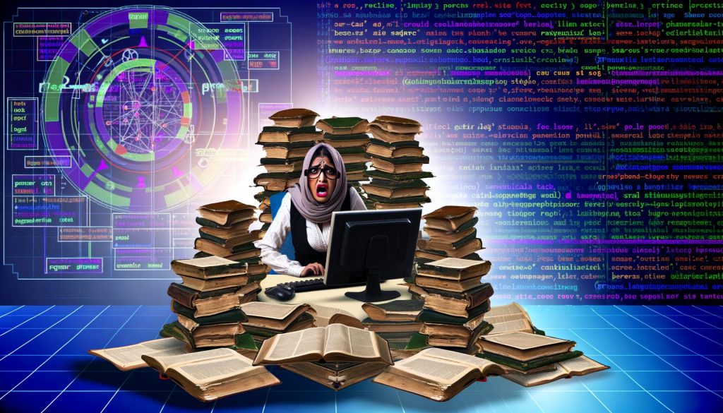 Moderner, gestresster SEO-Spezialist an einem unordentlichen Schreibtisch mit veralteten rel=next/prev-SEO-Büchern, Fehlermeldungen auf dem Monitor und innovativen SEO-Lösungen wie Breadcrumbs und kanonischen Tags auf einer digitalen Wand im Hintergrund.