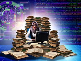 Moderner, gestresster SEO-Spezialist an einem unordentlichen Schreibtisch mit veralteten rel=next/prev-SEO-Büchern, Fehlermeldungen auf dem Monitor und innovativen SEO-Lösungen wie Breadcrumbs und kanonischen Tags auf einer digitalen Wand im Hintergrund.