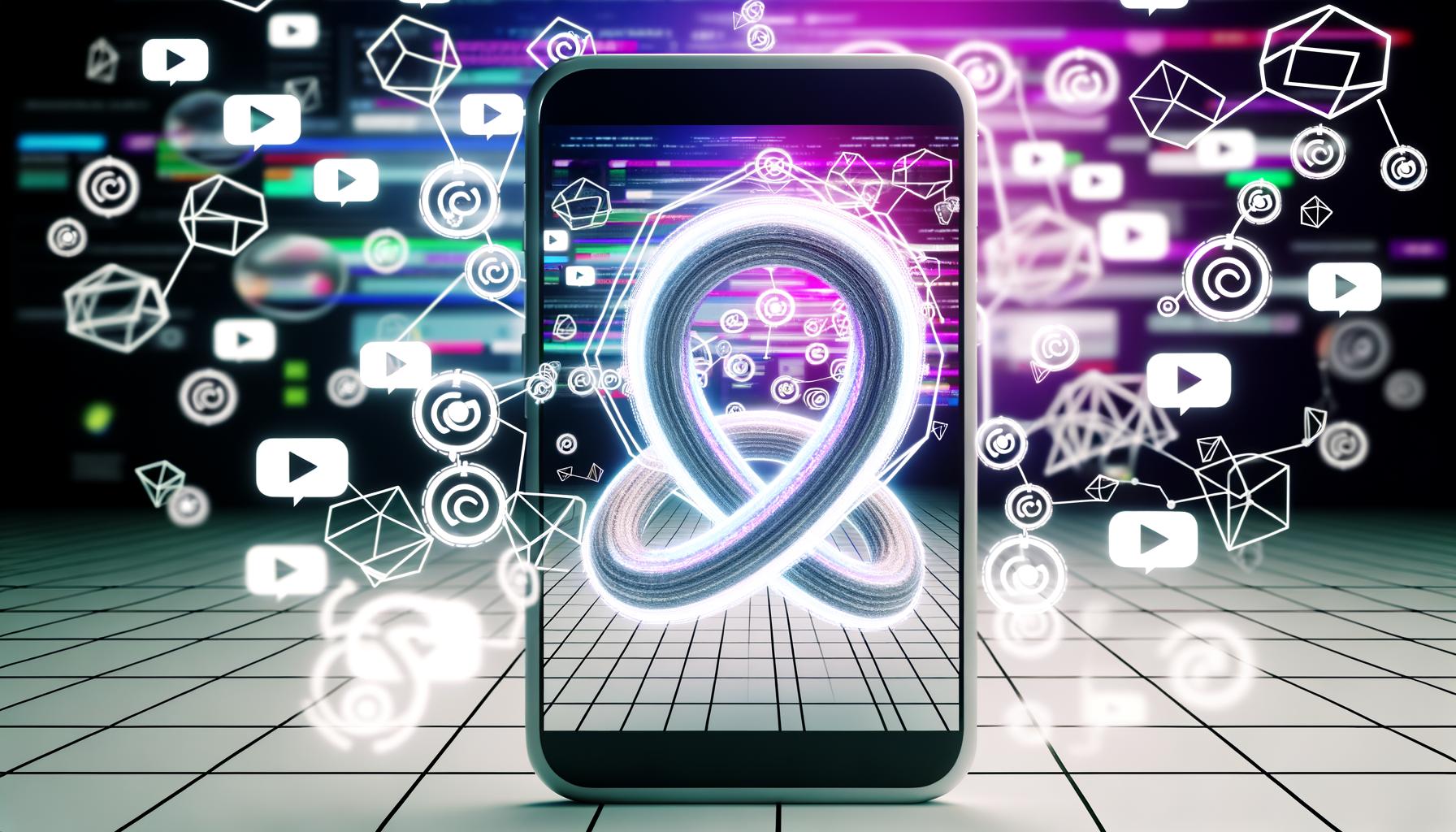 Modernes Smartphone zeigt nahtlos geschnittenes Möbiusschleifen-Video, umgeben von TikTok, Instagram Reels und YouTube Shorts Icons vor technoidem Social-Media-Background.