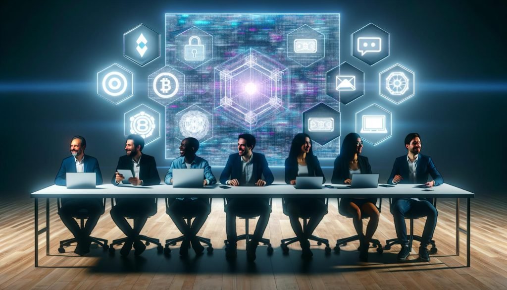 Tech-Leader und Entscheider an einem futuristischen Konferenztisch mit digitalen Geräten und einer holografischen Web3-Visualisierung im Hintergrund