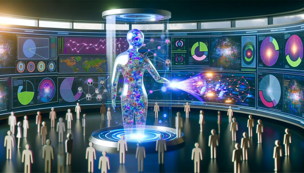 Futuristische Marketing-Agentur mit digitalen Monitoren, die bunte Datencluster, Heatmaps und neuronale Netzwerke zeigen, im Mittelpunkt eine halbtransparente KI-Statue, die Micro-Segmente aus einer Nutzerwolke extrahiert.