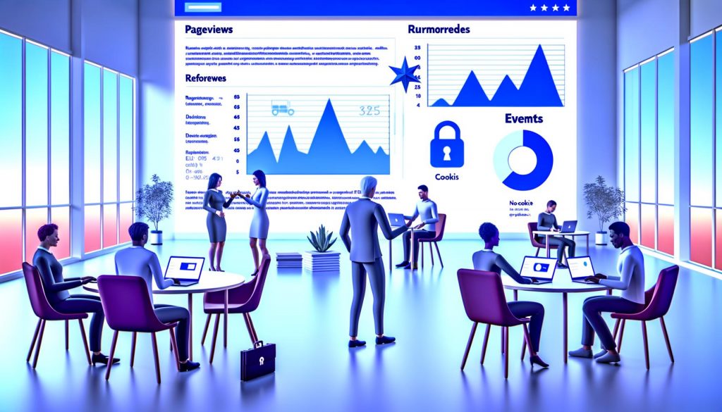 Illustration eines diversen Teams im modernen Büro bei der Website-Analyse mit großen Analytics-Dashboards und sichtbaren Datenschutz-Symbolen.