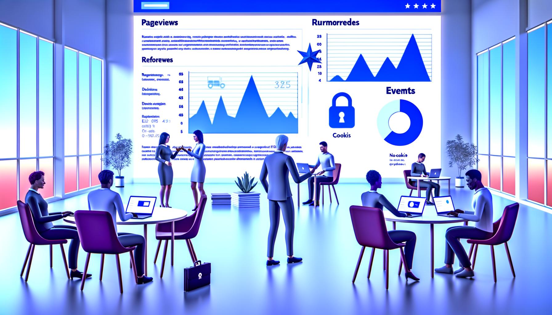 Illustration eines diversen Teams im modernen Büro bei der Website-Analyse mit großen Analytics-Dashboards und sichtbaren Datenschutz-Symbolen.