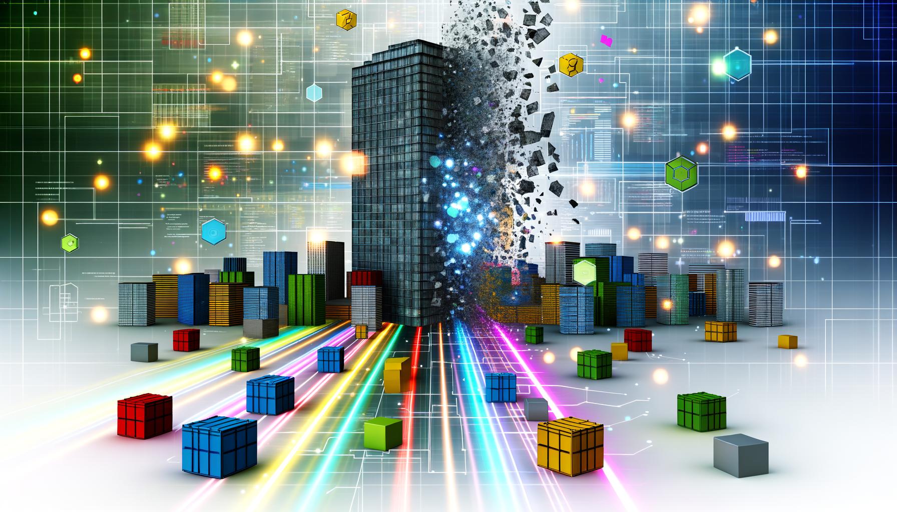 Futuristisches digitales Stadtpanorama mit bunten Hochhäusern, leuchtenden Datenströmen, zerbrochenem Monolithen, wachsenden Mikrogebäuden und schwebenden technischen Icons wie APIs, Containern und Würfeln.