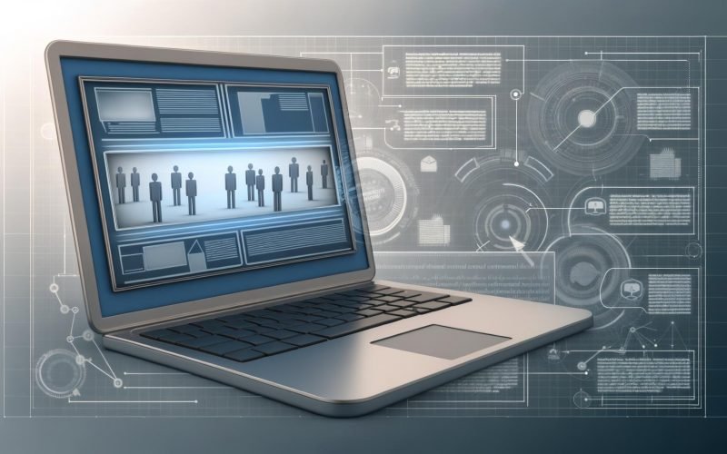 Moderne Laptop-Illustration mit geöffneter Werbeplattform, personalisierten Anzeigen und Personensilhouetten, dazu schematische Datenströme im Hintergrund