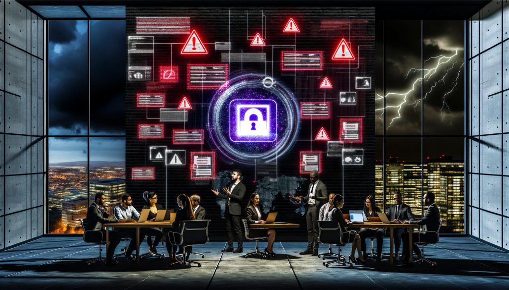 Gruppe von Techies, Marketern und Geschäftsstrategen versammelt um einen holografischen Tisch mit schwebendem DSA-Dokument, umgeben von Diagrammen, Warnsymbolen und digitalen Datenströmen in einem modern beleuchteten Büro.