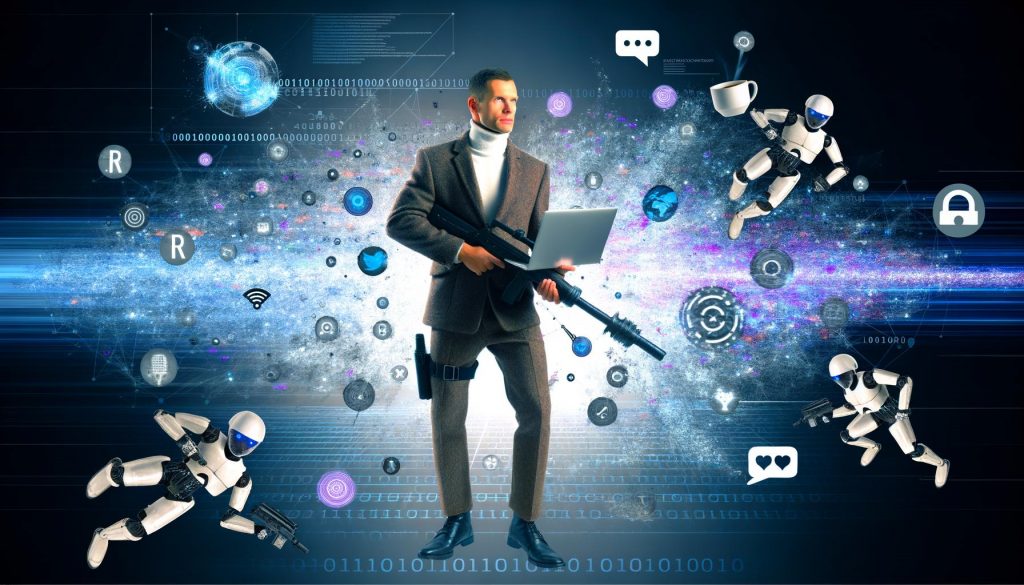 Moderner Marketer mit Laptop und Kaffeetasse auf digitalem Schlachtfeld, umgeben von leuchtenden Datenströmen, API-Symbolen, Social-Media-Icons und Roboterarmen.