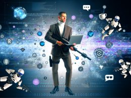 Moderner Marketer mit Laptop und Kaffeetasse auf digitalem Schlachtfeld, umgeben von leuchtenden Datenströmen, API-Symbolen, Social-Media-Icons und Roboterarmen.