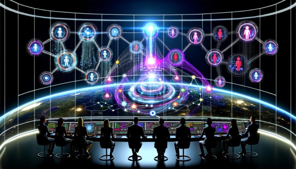 Marketing- und IT-Team überwacht ein digitales Kontrollzentrum mit holografischen Dashboards, umgeben von Lichtlinien, Datenströmen und einem zentralen neuronalen Netz in leuchtenden Farben.