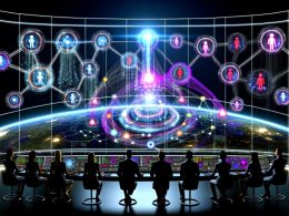 Marketing- und IT-Team überwacht ein digitales Kontrollzentrum mit holografischen Dashboards, umgeben von Lichtlinien, Datenströmen und einem zentralen neuronalen Netz in leuchtenden Farben.