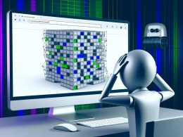 Minimalistische Illustration eines gestressten SEO-Managers am Schreibtisch mit einer komplexen, größtenteils nicht indexierten Website-Struktur auf dem Monitor und einem verwirrten Googlebot im Hintergrund.