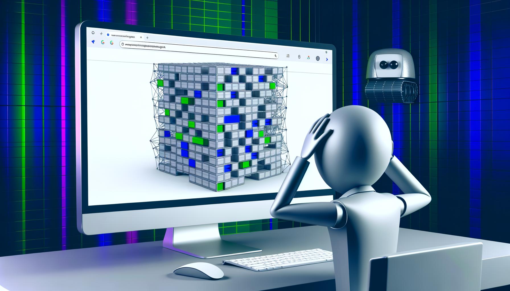 Minimalistische Illustration eines gestressten SEO-Managers am Schreibtisch mit einer komplexen, größtenteils nicht indexierten Website-Struktur auf dem Monitor und einem verwirrten Googlebot im Hintergrund.