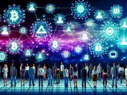 Futuristische Illustration eines Teams im digitalen Maschinenraum mit Hologrammen zu Blockchains, Wallets und Peer-to-Peer-Verbindungen vor zerbrechenden Web2-Symbolen und aufbrechender Web3-Welt.