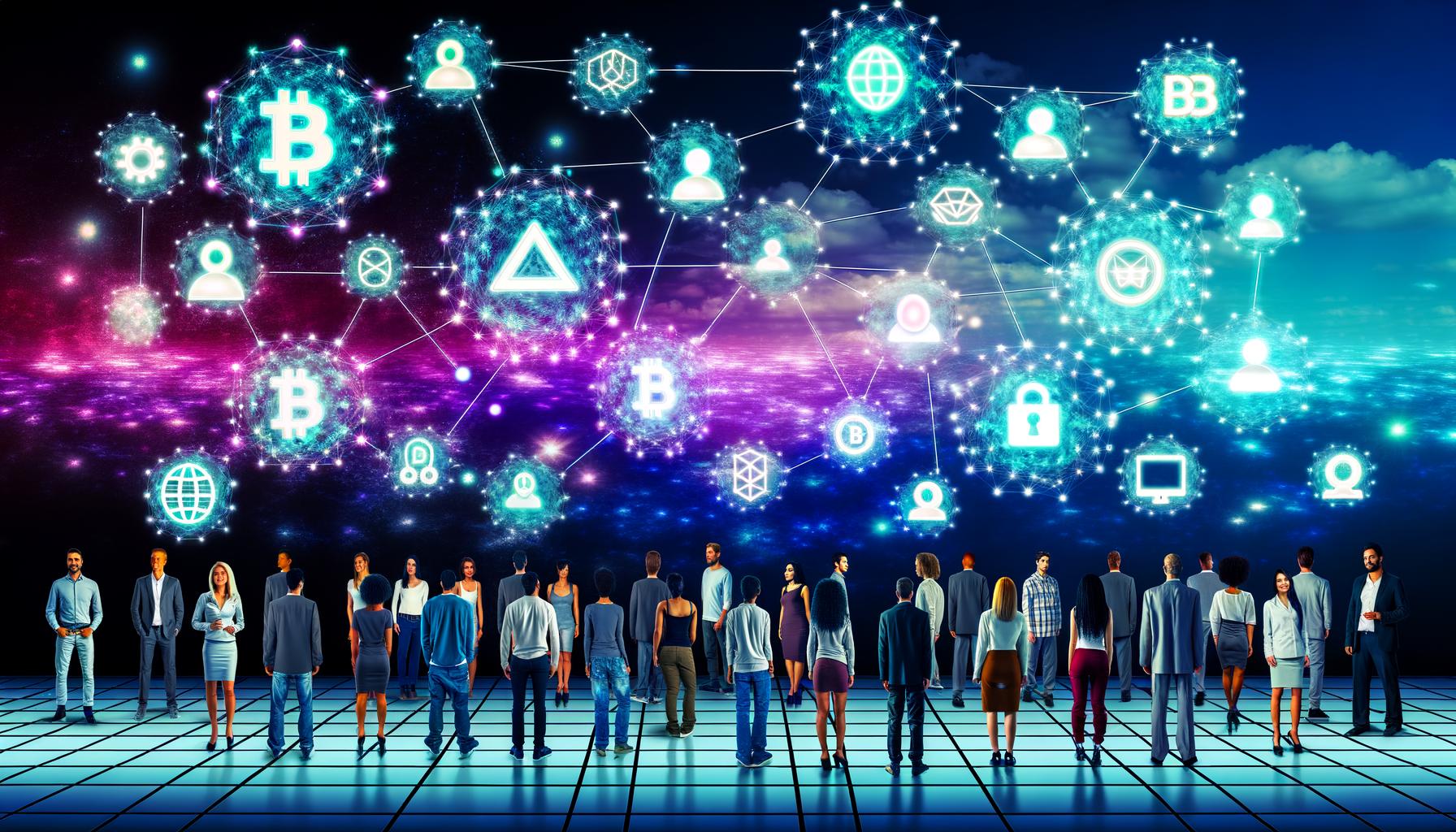 Futuristische Illustration eines Teams im digitalen Maschinenraum mit Hologrammen zu Blockchains, Wallets und Peer-to-Peer-Verbindungen vor zerbrechenden Web2-Symbolen und aufbrechender Web3-Welt.