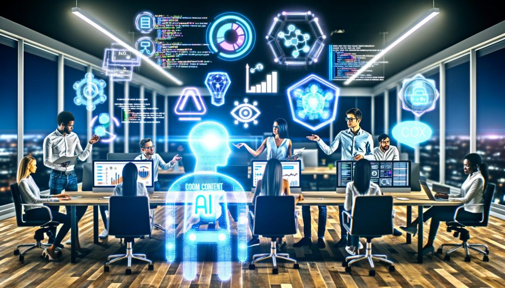 Futuristisches offenes Büro mit Mitarbeitenden und Maschinen an Monitoren, bunten KI-Datenvisualisierungen, Brainstorming mit digitalen Post-its zu AI Content und schwebenden holografischen Infografiken zur Performance-Steigerung.