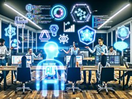 Futuristisches offenes Büro mit Mitarbeitenden und Maschinen an Monitoren, bunten KI-Datenvisualisierungen, Brainstorming mit digitalen Post-its zu AI Content und schwebenden holografischen Infografiken zur Performance-Steigerung.