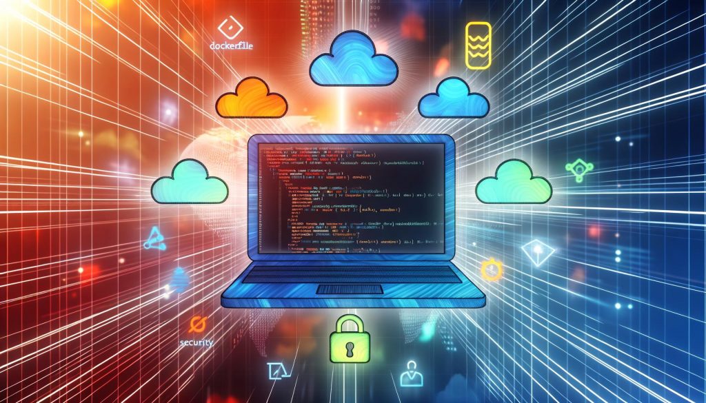 Futuristische Illustration eines Entwickler-Desktops mit geöffnetem Laptop, Docker- und Firebase-Logos, Codezeilen und abstrakten Icons für Cloud, Skalierbarkeit und Sicherheit.