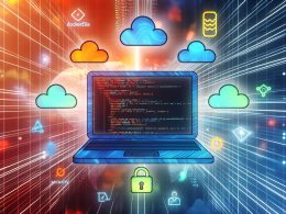 Futuristische Illustration eines Entwickler-Desktops mit geöffnetem Laptop, Docker- und Firebase-Logos, Codezeilen und abstrakten Icons für Cloud, Skalierbarkeit und Sicherheit.