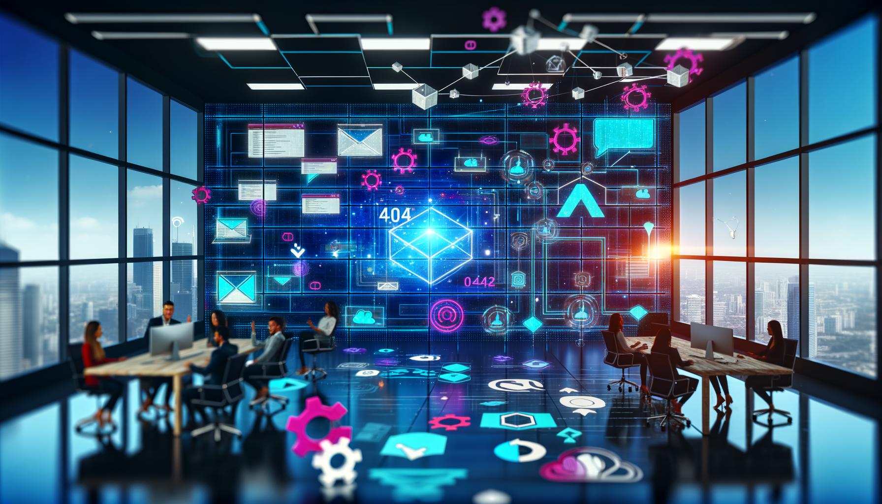 Futuristisches Büro mit Teams, die an digitalen Content-Pipelines, holografischen Displays und Headless CMS-Lösungen zusammenarbeiten.