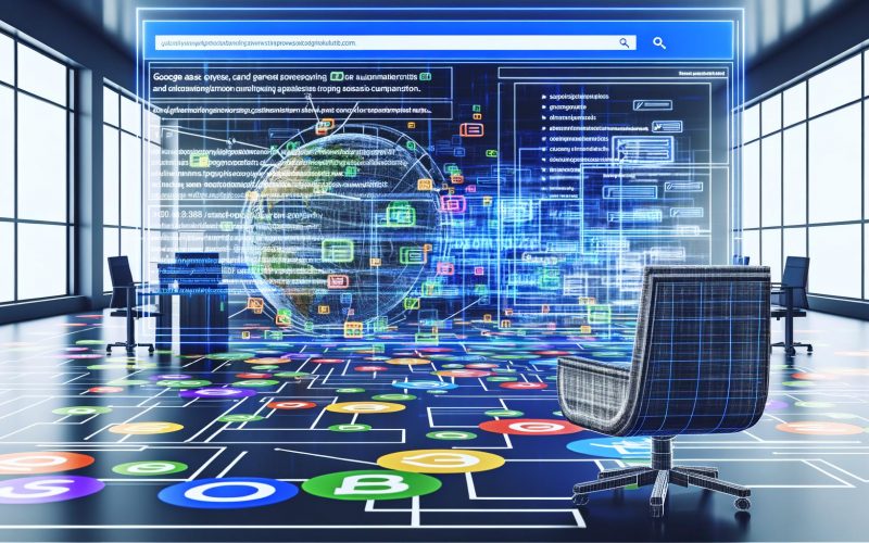 Moderner Arbeitsplatz mit großem Bildschirm und Google Ads Analytics, umgeben von digitalen Elementen und algorithmischen Verbindungen im Hintergrund.