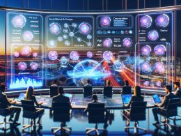 Mehrere Marketer steuern in einem hochmodernen Kontrollzentrum bei Dämmerung Marketingstrategien an einer digitalen Dashboard-Wand voller vernetzter Diagramme und KI-Datenströme.