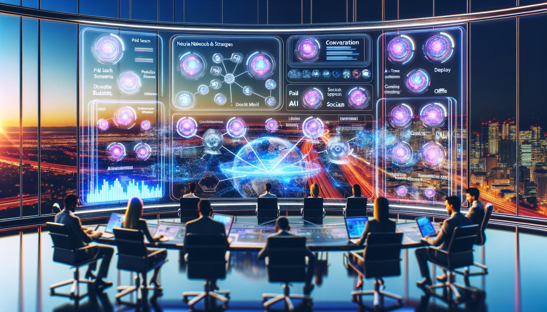 Mehrere Marketer steuern in einem hochmodernen Kontrollzentrum bei Dämmerung Marketingstrategien an einer digitalen Dashboard-Wand voller vernetzter Diagramme und KI-Datenströme.