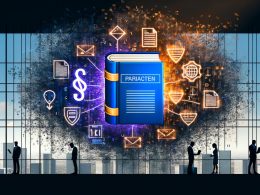 Illustration einer digitalen Stadt mit Datensymbolen, Marketer, Entwickler und nervöser Plattformbetreiberin vor einem leuchtenden EU-Gesetzbuch, mit schwebendem Paragraf und Risiko- sowie Chancen-Icons.