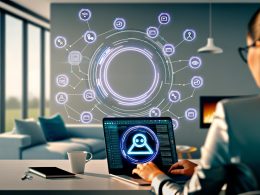 Junge, geschlechtsneutrale Person in elegantem Marketing-Outfit arbeitet mit Phantombuster am Laptop; im Hintergrund schweben vernetzte Social-Media-Icons und Automations-Symbole in einem modernen Homeoffice.