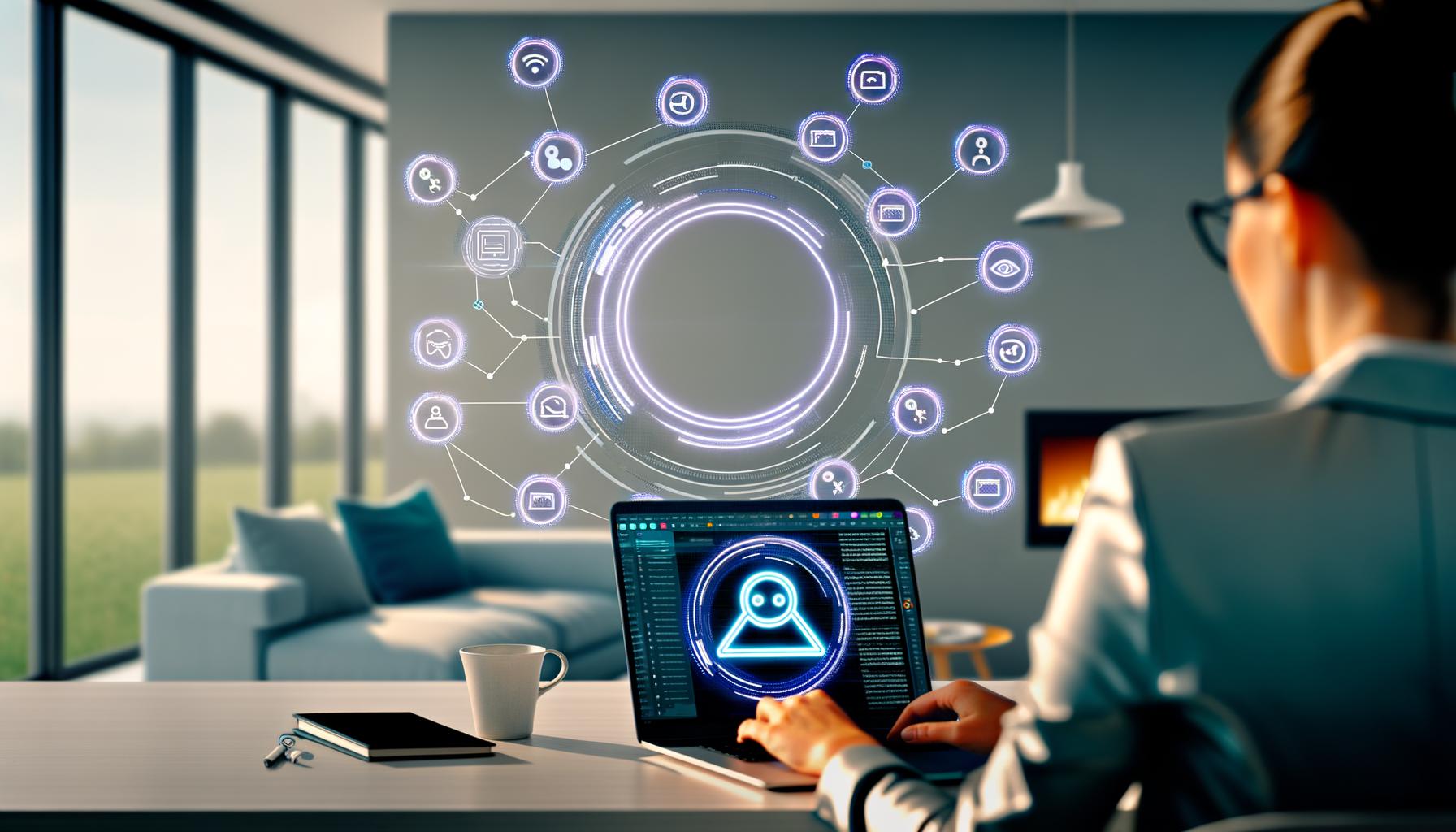 Junge, geschlechtsneutrale Person in elegantem Marketing-Outfit arbeitet mit Phantombuster am Laptop; im Hintergrund schweben vernetzte Social-Media-Icons und Automations-Symbole in einem modernen Homeoffice.