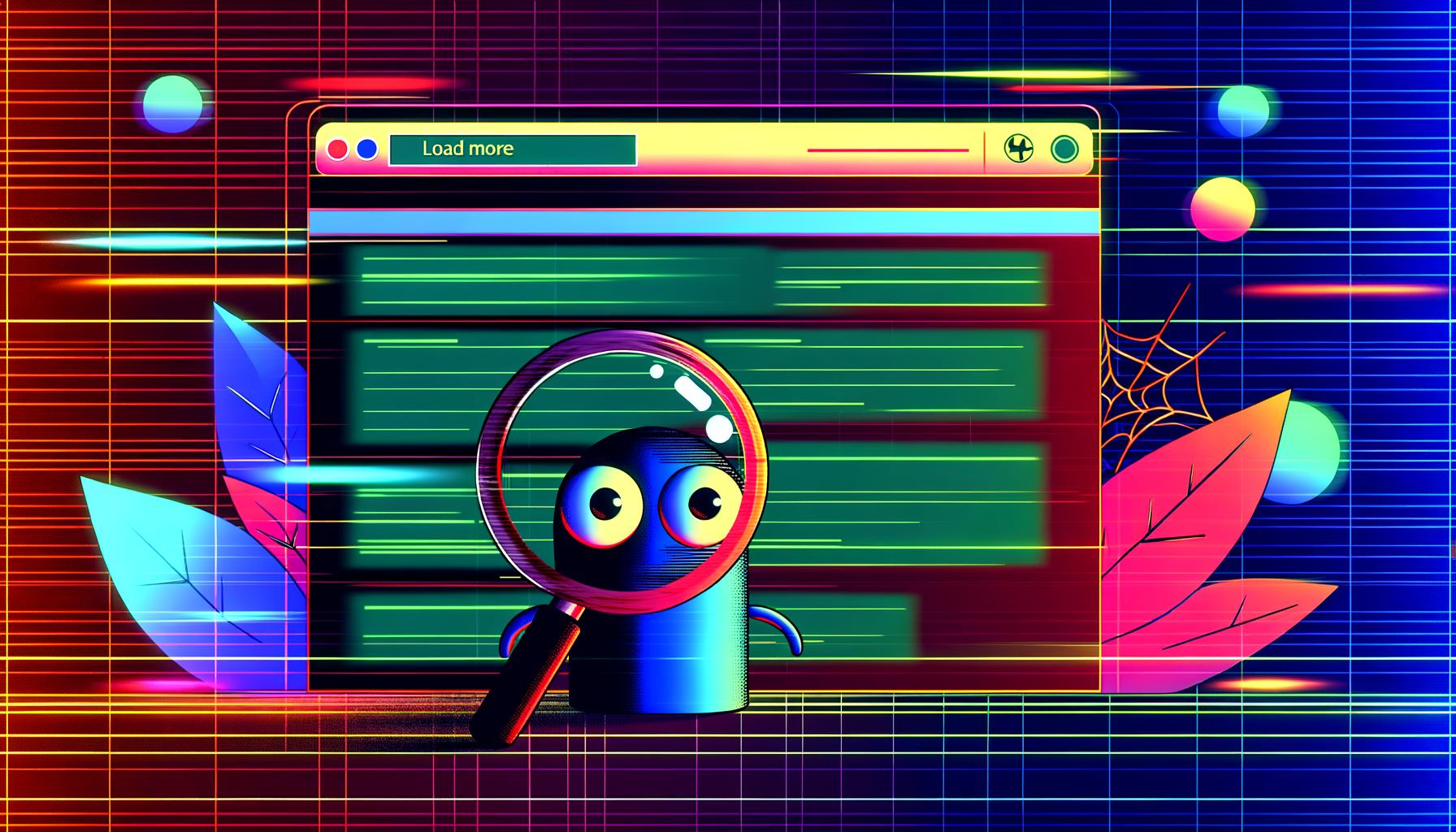 Editorial Illustration mit Googlebot und „Load More“-Button auf einer stilvollen Webseite, wobei versteckte Inhalte für Suchmaschinen unzugänglich bleiben.