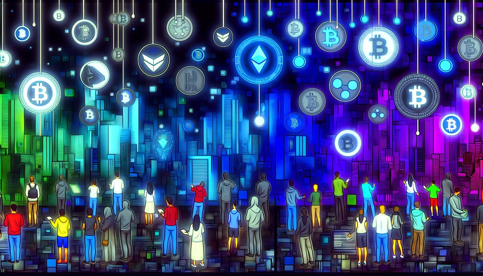 Futuristische Stadtlandschaft mit Marketers, Entwicklern, schwebenden Krypto- und NFT-Symbolen, verblassenden Web2-Logos, Blockchain-Knoten und smarten Verträgen, in leuchtenden Neon- und Blautönen.