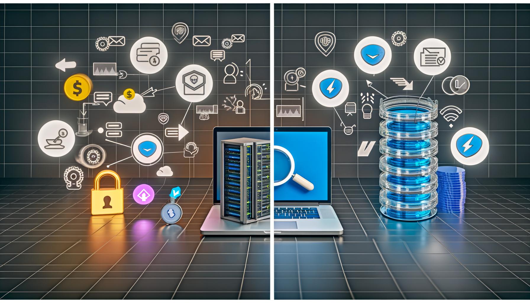 Vergleichende Illustration von Client Side Tracking mit blockierten Daten durch Cookie-Banner und Adblocker neben Server Side Tracking mit sicherer, klarer Datenübertragung und Symbolen für Datenschutz und SEO.