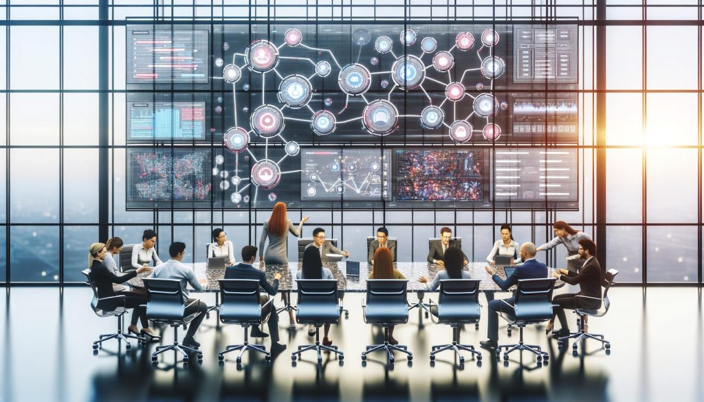 Modernes Redaktionsteam in einem Glasbüro arbeitet kollaborativ mit digitalen Tools, Workflows und Echtzeit-Analysen an Displays.