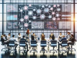 Modernes Redaktionsteam in einem Glasbüro arbeitet kollaborativ mit digitalen Tools, Workflows und Echtzeit-Analysen an Displays.