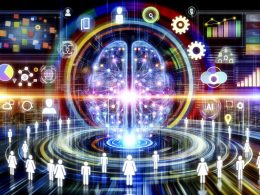 Futuristische Darstellung einer KI-zentrierten Marketing-Umgebung mit komplexen neuronalen Netzen, digitalen Marketing-Icons, begeisterten Marketers und verblassenden klassischen Dokumenten.