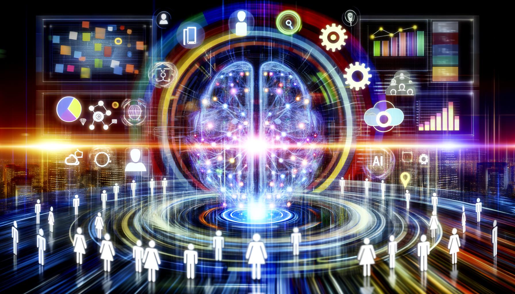 Futuristische Darstellung einer KI-zentrierten Marketing-Umgebung mit komplexen neuronalen Netzen, digitalen Marketing-Icons, begeisterten Marketers und verblassenden klassischen Dokumenten.