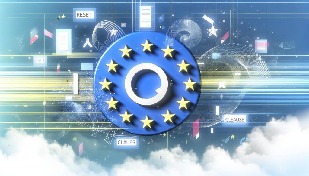 Illustratives Titelbild mit digitalem Reset-Button, umgeben von EU-Sternen, stilisierten Plattform-Icons, Datenströmen und Paragrafen. Wellen aus geometrischen Linien symbolisieren die Dynamik des DSA.