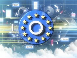 Illustratives Titelbild mit digitalem Reset-Button, umgeben von EU-Sternen, stilisierten Plattform-Icons, Datenströmen und Paragrafen. Wellen aus geometrischen Linien symbolisieren die Dynamik des DSA.
