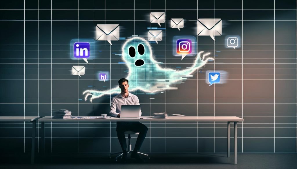 Illustration eines modernen Büros, in dem ein Marketer am Laptop arbeitet. Roboterarme halten Social-Media-Logos, E-Mail-Icons und Datenströme, während Cloud-Phantome, Checklisten und Warnsymbole im Hintergrund schweben.