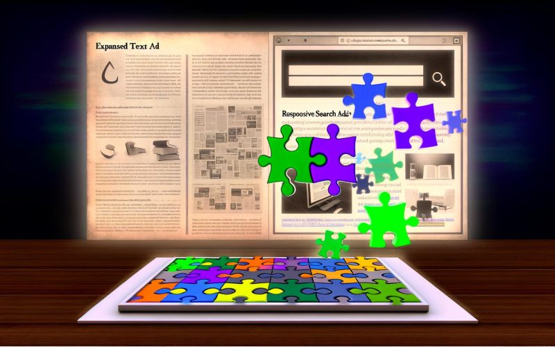 Vergleich zwischen Expanded Text Ad und Responsive Search Ad in einer stilisierten Google Ads Illustration, die klassische und KI-gesteuerte Anzeigengestaltung darstellt.