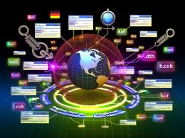 Grafik einer Weltkugel mit verbundenen internationalen Domains und SEO-Icons für globale Website-Architektur