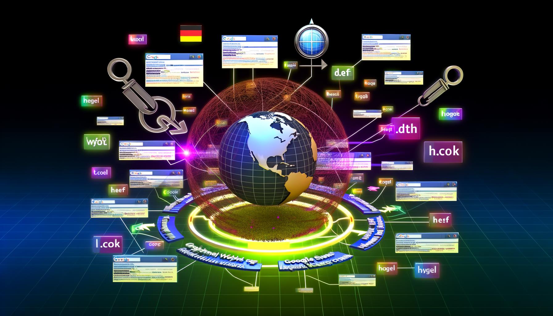 Grafik einer Weltkugel mit verbundenen internationalen Domains und SEO-Icons für globale Website-Architektur