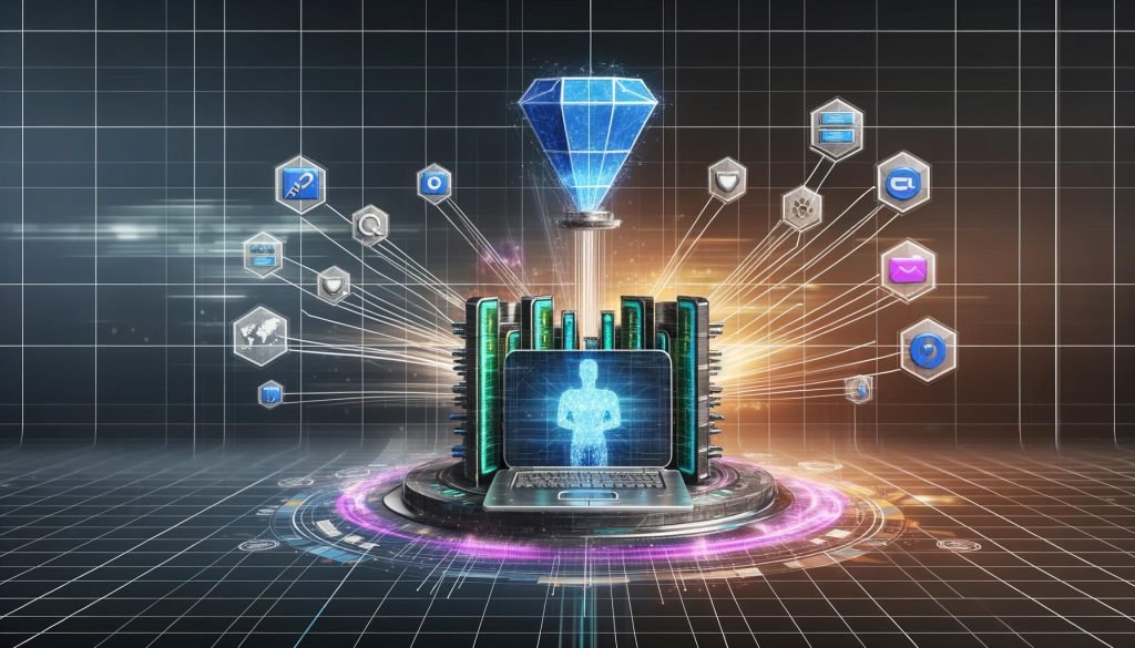 Futuristisches digitales Cockpit mit zentralem Dashboard, Server, Datenströmen, Schutzschild und Sicherheits-Kontrollelementen vor buntem Hintergrund.