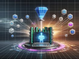 Futuristisches digitales Cockpit mit zentralem Dashboard, Server, Datenströmen, Schutzschild und Sicherheits-Kontrollelementen vor buntem Hintergrund.