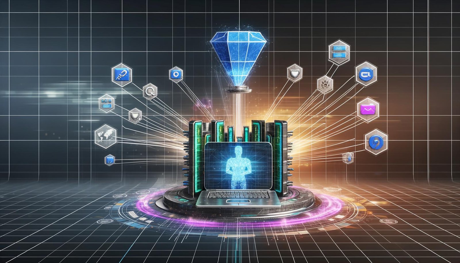 Futuristisches digitales Cockpit mit zentralem Dashboard, Server, Datenströmen, Schutzschild und Sicherheits-Kontrollelementen vor buntem Hintergrund.