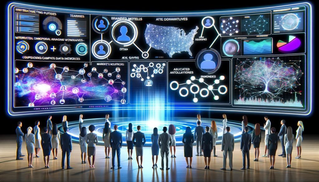 Diverse Marketing-Profis arbeiten in einer Hightech-Kommandozentrale mit holografischen Interfaces, Echtzeit-Dashboards, KI-gesteuerten Analysen und dynamischen Datenpipelines im Hintergrund.
