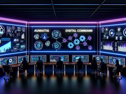 Futuristische Kommandozentrale mit Marketing-Team vor großen Bildschirmen, die KI-generierte Datenströme und Kampagnen anzeigen. Im Vordergrund leuchten Hologramme und digitale Diagramme, die Wachstum visualisieren.