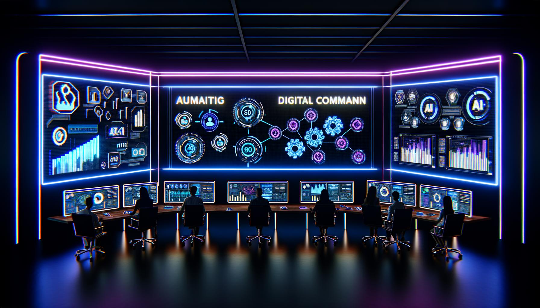 Futuristische Kommandozentrale mit Marketing-Team vor großen Bildschirmen, die KI-generierte Datenströme und Kampagnen anzeigen. Im Vordergrund leuchten Hologramme und digitale Diagramme, die Wachstum visualisieren.