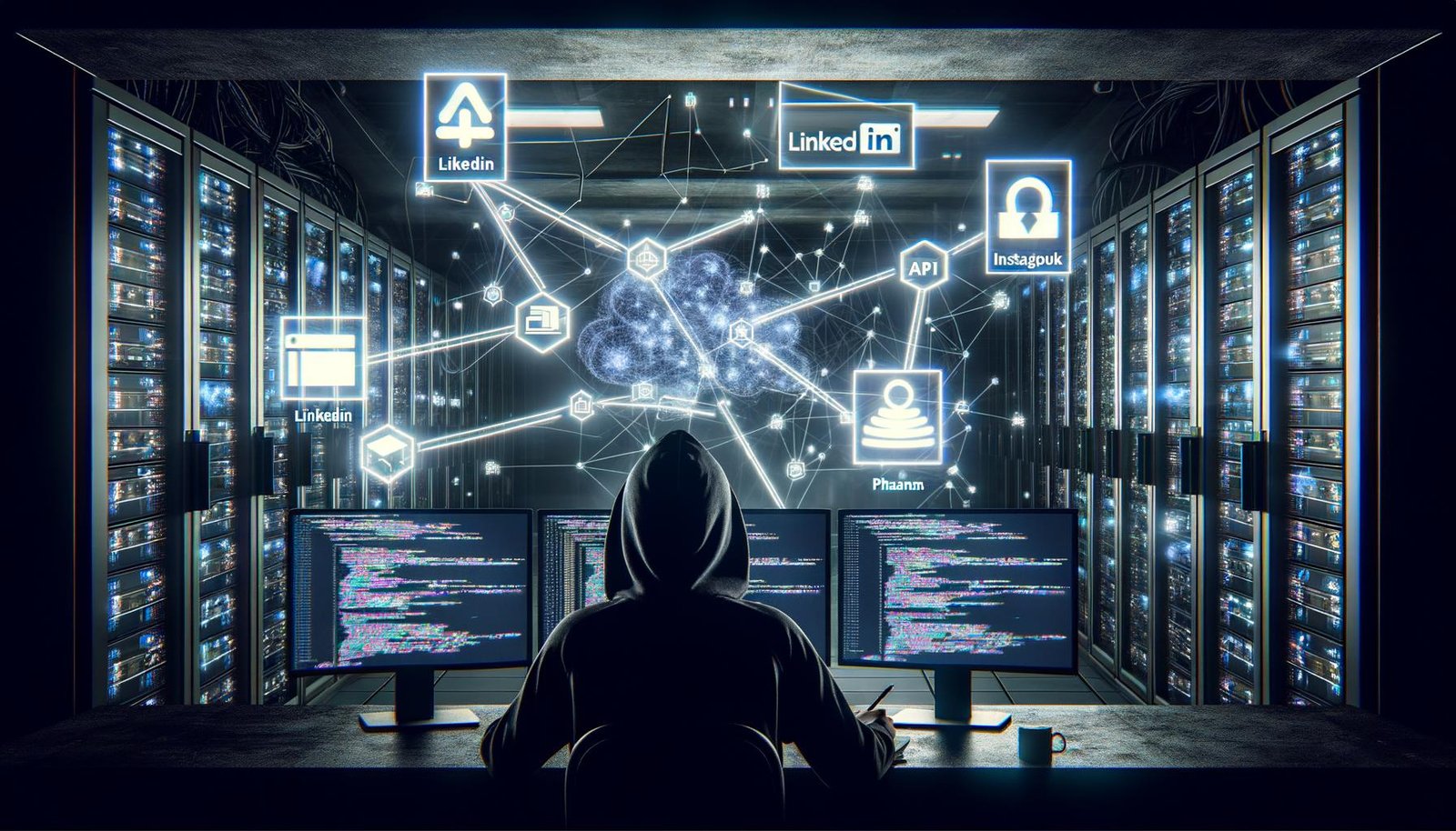 Person mit Kapuzenpulli und Brille sitzt vor Monitoren mit API-Code, Phantombuster-Logos und Social-Media-Symbolen in einem futuristischen, cyberpunkartigen Maschinenraum.