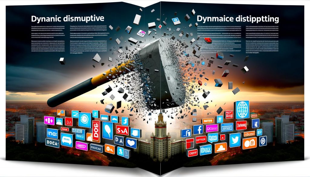 Gigantische Abrissbirne zerstört digitale Icons und Marketing-Symbole, während im Hintergrund eine strahlend moderne digitale Stadt mit dem EU-Parlament und dem Schriftzug „DSA“ erscheint.